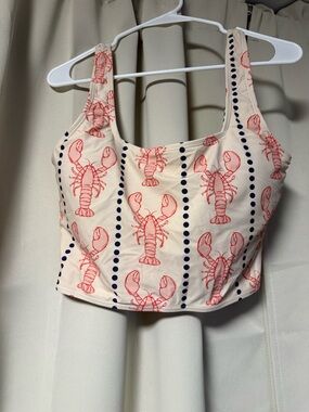 Coral Reef Cream Lobster Print Tankini Top with Navy Dot Stripes